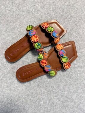 Gianni Bini Brown Leather Slide Sandals with Multicolor Accent Buttons